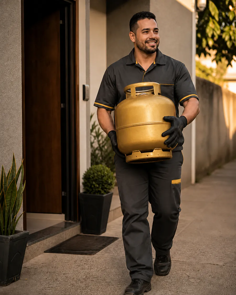 Entregador levando um botijão de gás dourado até uma residência